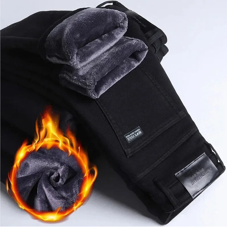 2025 Winter Men Black Straight Stretch Denim Thick Velvet Pants Warm Jeans Casual Fleece Line Trousers Male Plus Size 260228