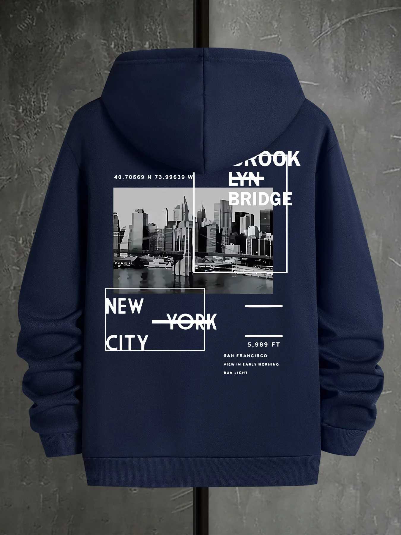 Mens autumn and winter casual fashion loose New York City pattern print long sleeved hooded sweatshirt warm sports pullover M260312