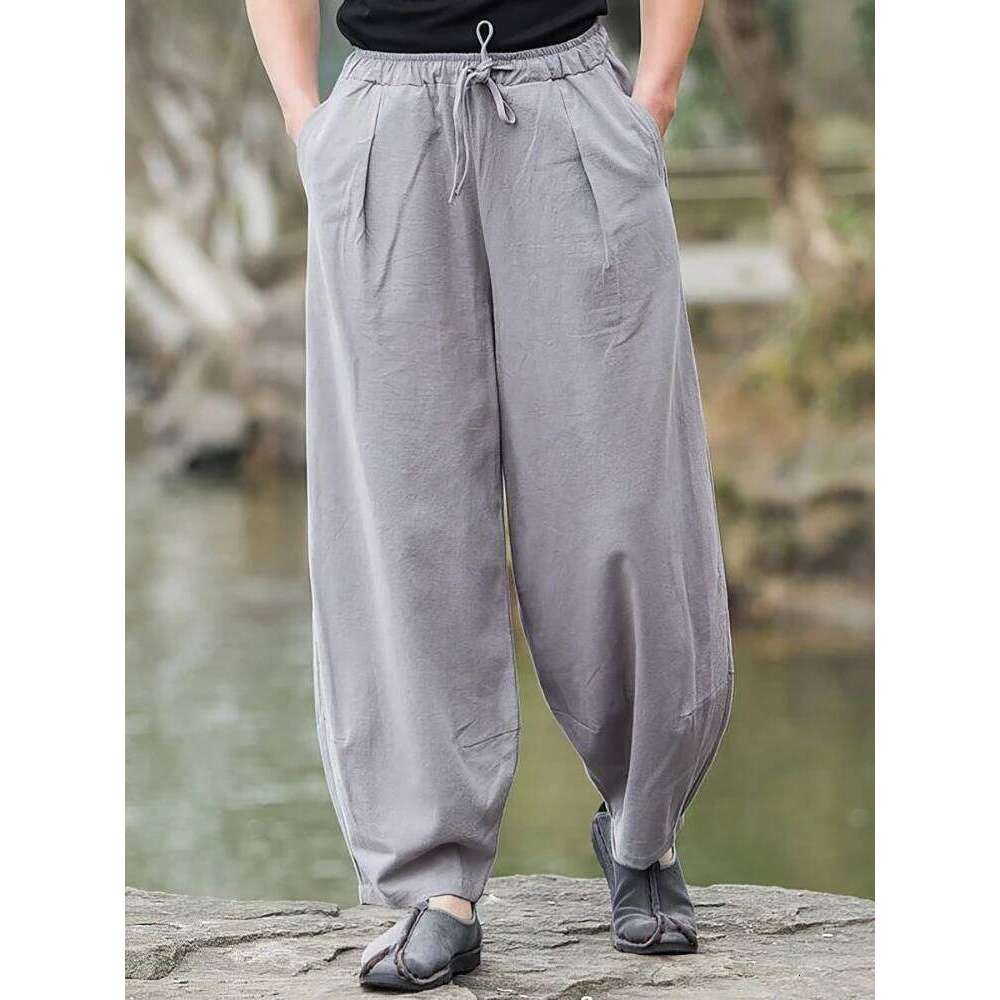 Baggy Cotton Linen Pants Men Casual Wide leg Oversize Jogger Trousers Vintage Drawstring Sport Sweatpants Male 2025