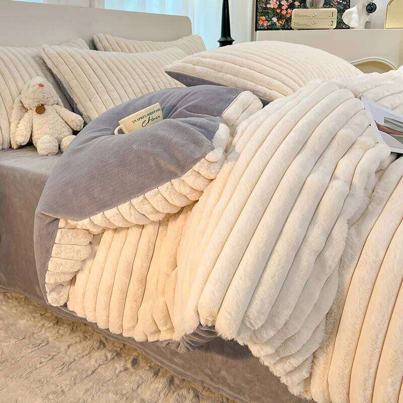 Warm Imitation Rabbit Fur Velvet Bedding Set,AB Side Duvet Cover,Flanne Plush Bed Sheet,Queen King Home Bedclothes Drop shipping H260312