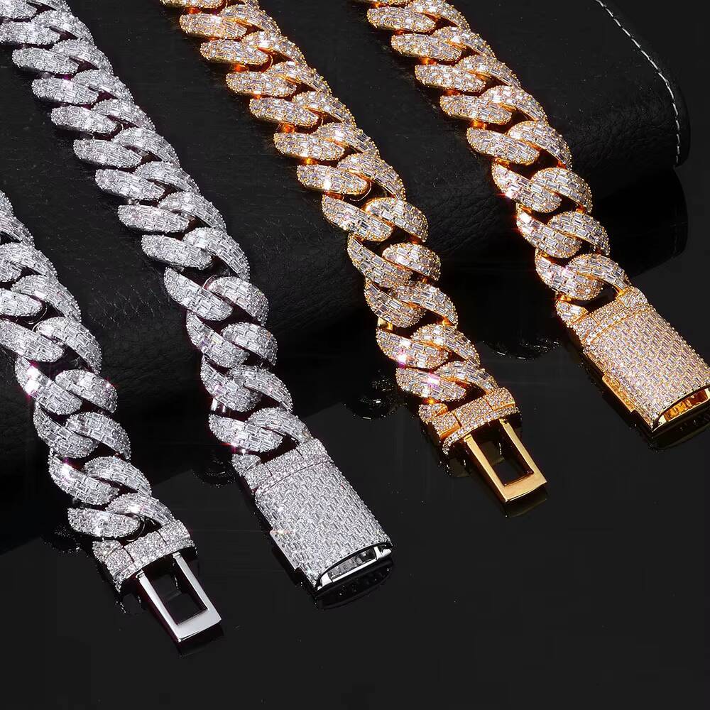 NUOYA 20mm Cuban Link Chain Necklace Iced Out Moissanite VVS Stones Flip Clasp Baguette Cut Diamond Inlay Hip Hop Fine Jewelry