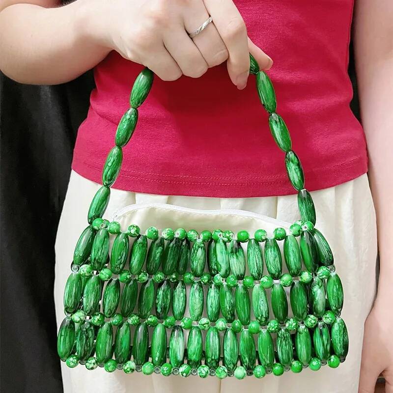 Women's Handbag Luxury Designer Hand Woven Bead Hollow Out Female Tote Travel Holiday Women Evening Beach Bag