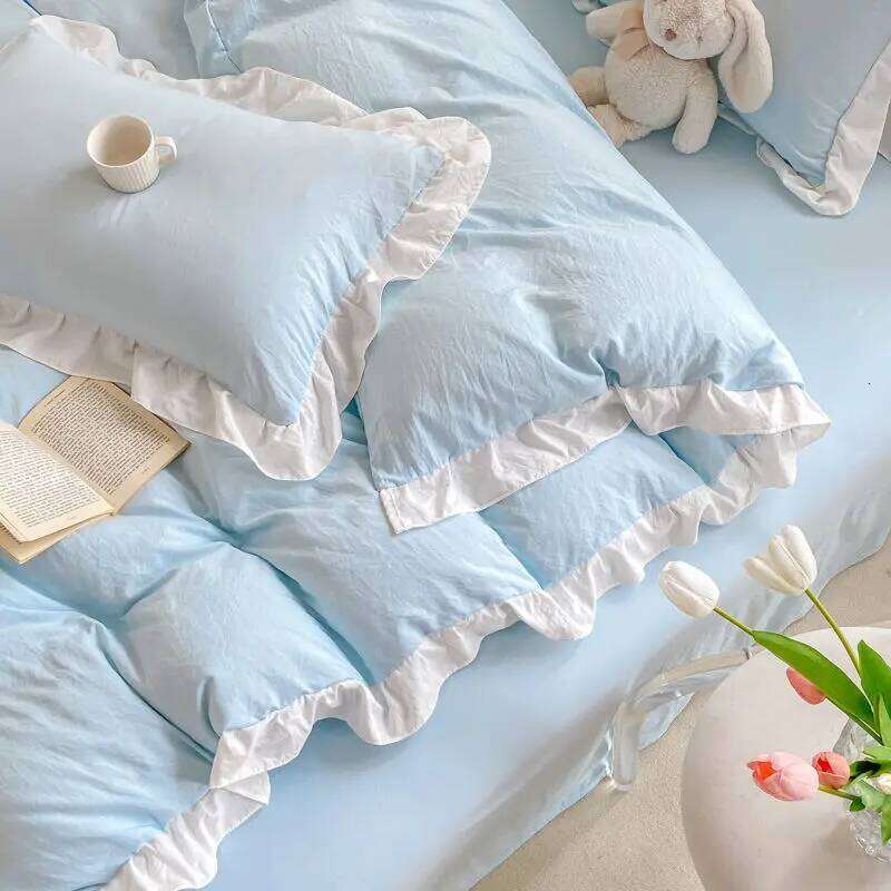 Korean Princess Style Duvet Cover Set No Filling Pink Blue Soft Washed Cotton Girls Favorite Ruffles Bed Linen Pillowcases H260312
