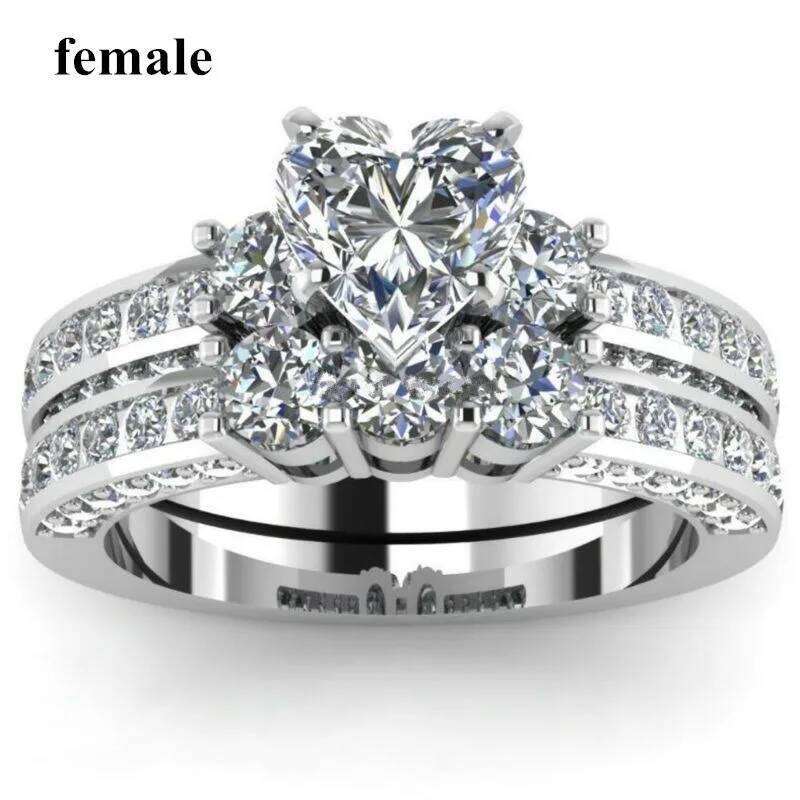 Fashion Couple Luxury Women Heart Rhinestone Zircon Rings Bridal Set Men Stainless Steel CZ Ring Wedding Band Jewelry Gift W260311