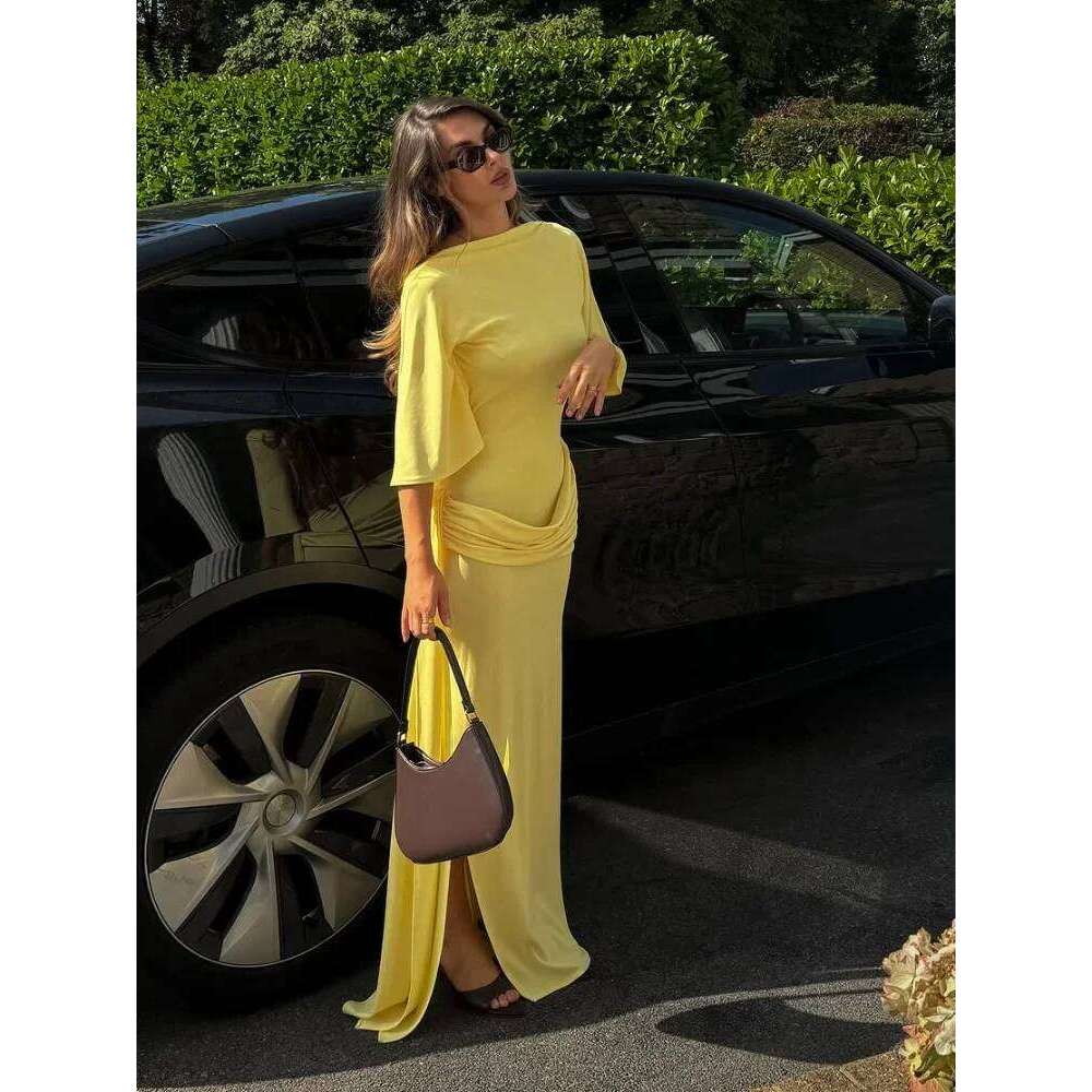 Women's Solid Yellow Backless Maxi Dress Elegant Split Slim Fit Pleated Half Sleeve Long Dresses 2025 High Street Summer Gowns C260311