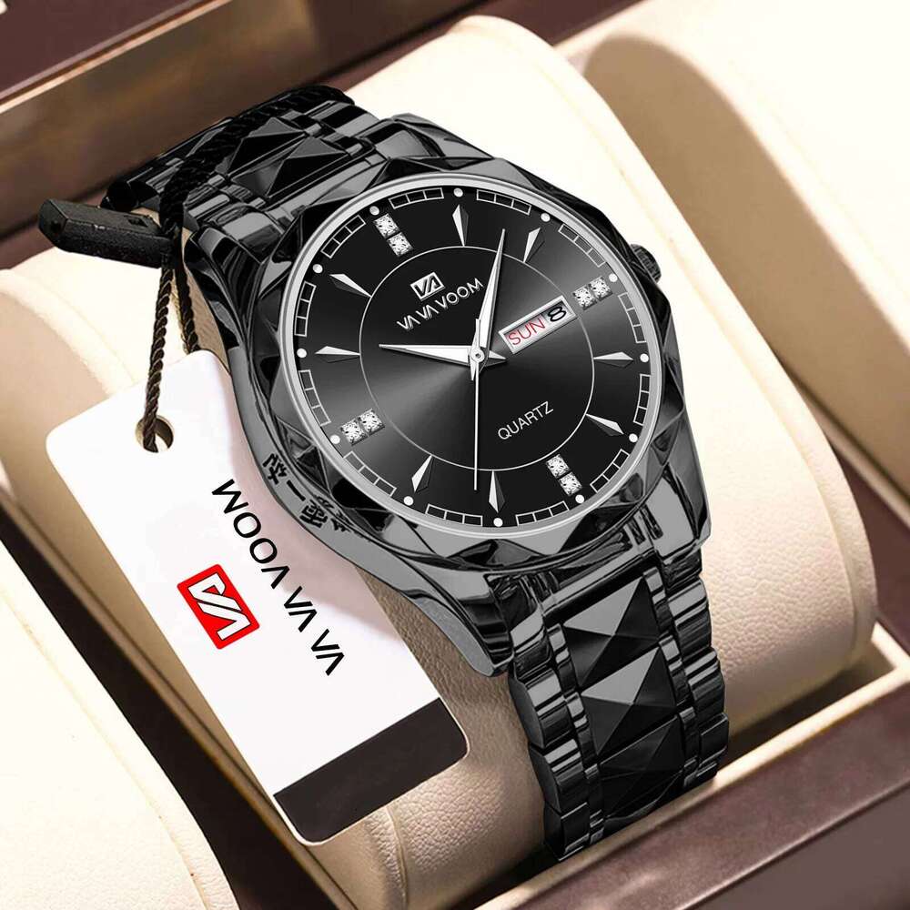 VA VOOM Men Stainless Steel Watch Classic Black Rhinestone Luxury Business Clock 3Bar Week Movement Sports Quartz Wristwatch
