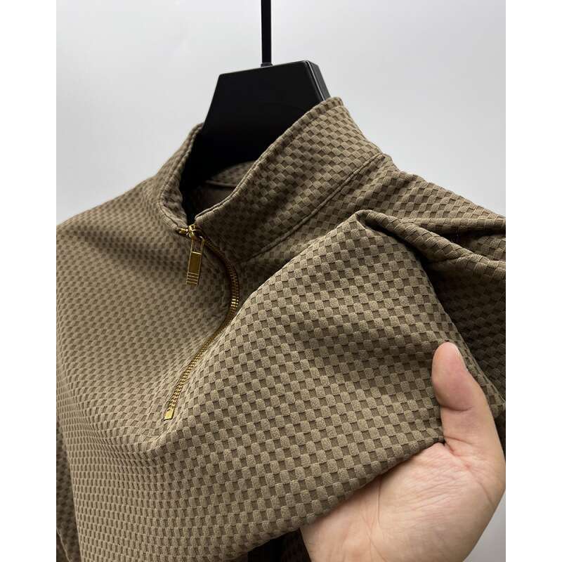 Top Quality Geometric Jacquard Sweater Men's Zippered Standing Neck Long Sleeved T-Shirt Autumn New Fashion Brand Loose Pullover