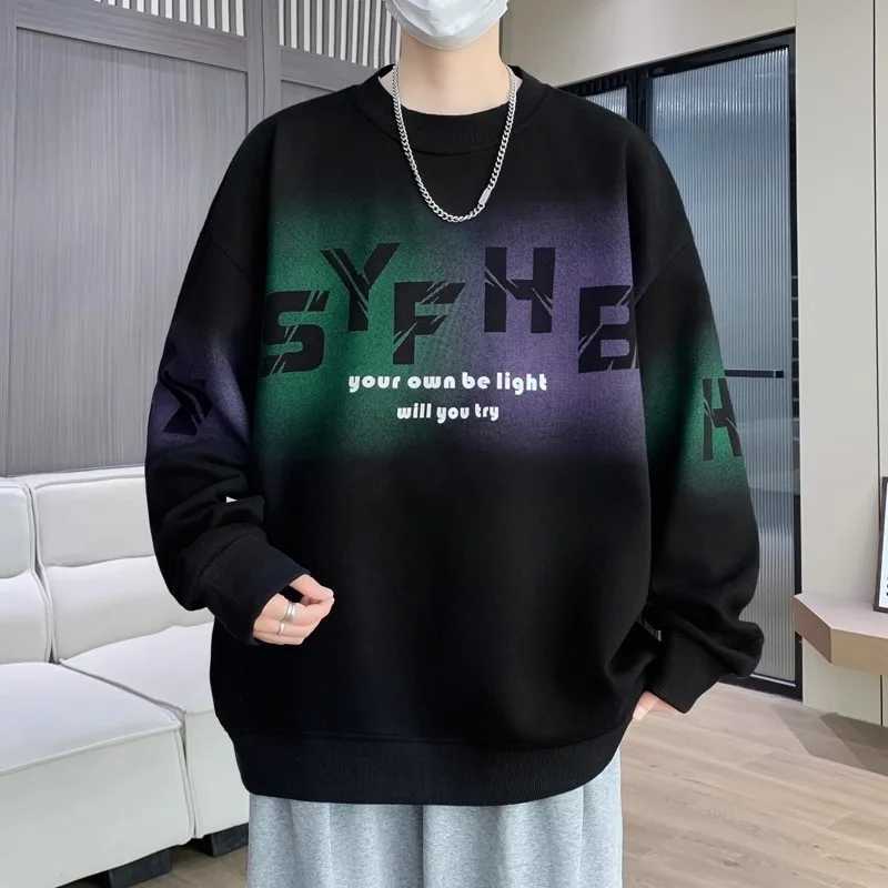 Autumn Mens Loose Sweatshirt M-6XL Korean Trendy Long Sleeve T-shirt Fashion Mens Clothing Black O Neck Harajuku Top New M260312