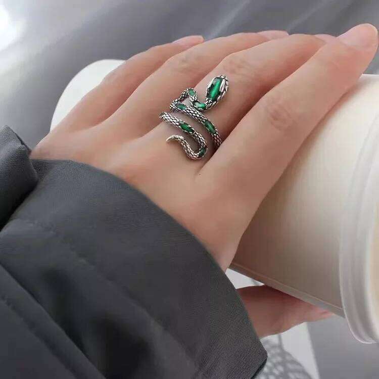925 Sterling Silver Rings For Women Vintage Handmade Adjustable Retro Green Snake Ring Fashion Band Female Bijoux Gift H260312