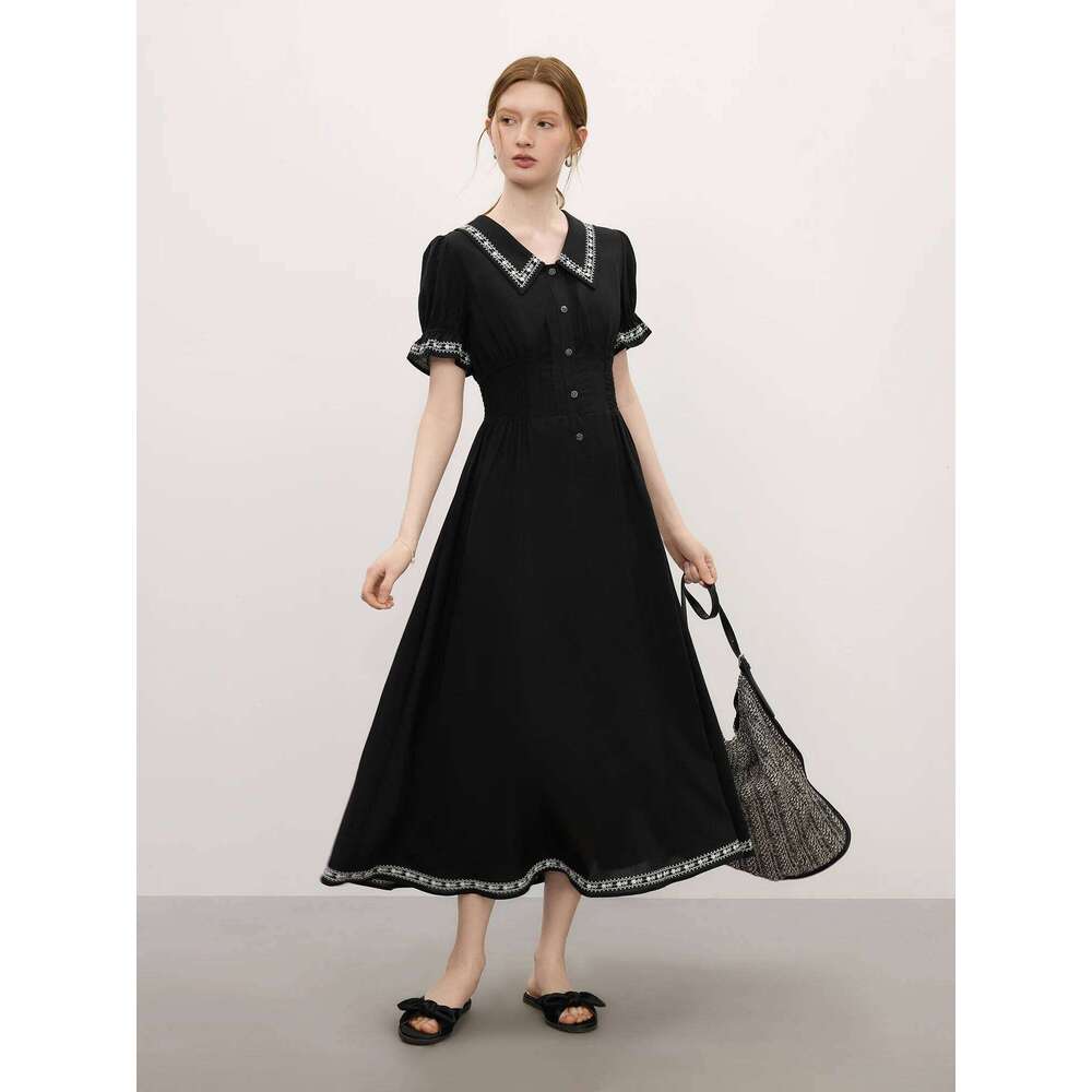 FSLE Linen Elegant Commuting French Audrey Hepburn Style Women's Summer Short Sleeve Little Black Dress 25FS12841 C260312