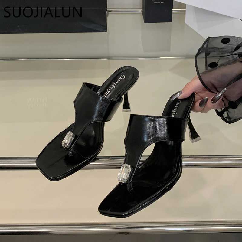 SUOJIALUN 2025 New Women Slipper Fashion Crystal Slip On Flip Flop Shoes Thin High Heel Elegant Outdoor Dress Sandal Pumps K260312