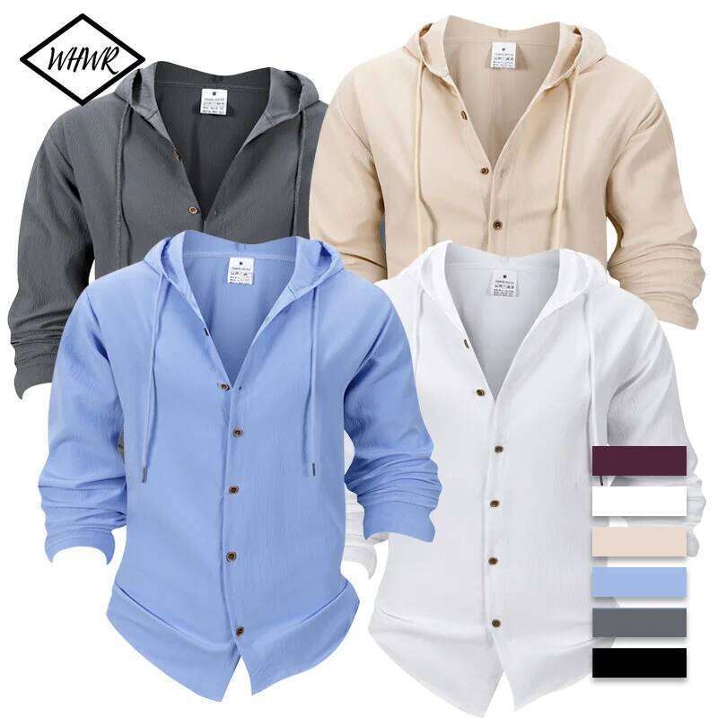 Men's Lightweight Beach Long Sleeves Short Hippie Casual Button Hooded Henry Shirt Quick Dry Breathable Spring Outerwear