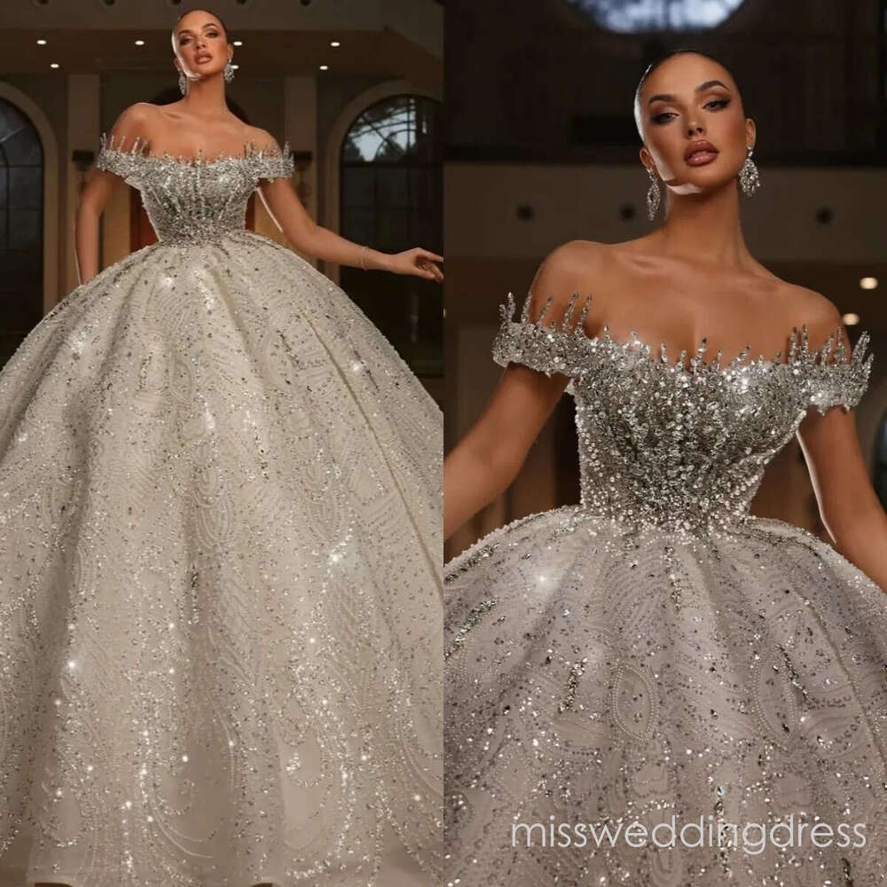 Luxury Off Shoulder Wedding Dress Crystal Bridal Ball Gowns Beading Custom Made Rhinestone Sequins Princess Bride Dresses Vestido De Novia Plus Size