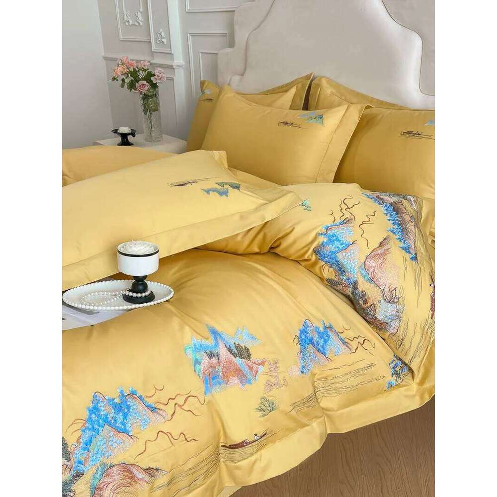 High-grade New Chinese Class A Pure Cotton Four-piece Embroidery Quilt Cover Bed Sheets King Queen Bedding Set H260312