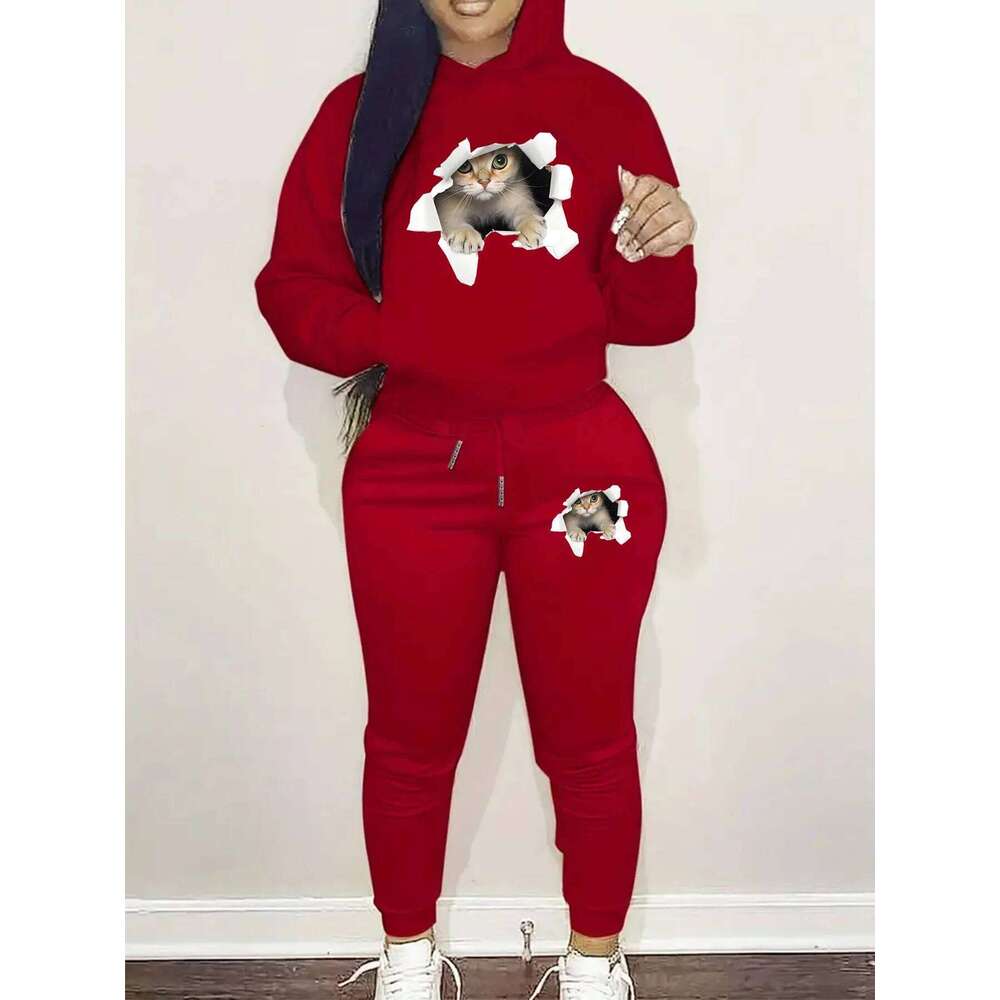 Women's Autumn/Winter Fashion Casual 3D Cat Pattern Printed Thick Warm Hoodie+Sports Pants Set C260312