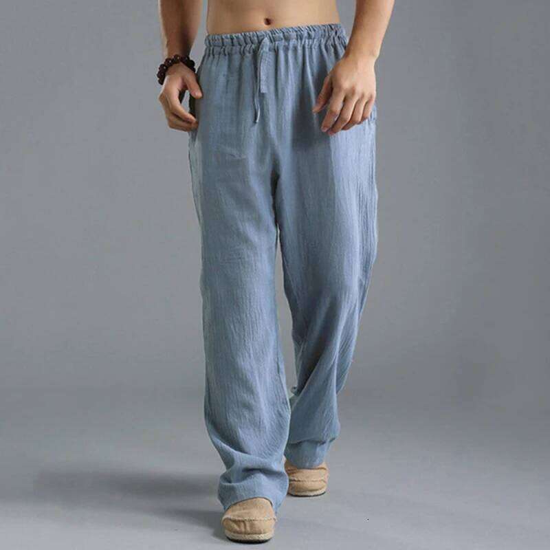 2024 New cotton long men's spring summer loose and breathable solid color linen pants casual street wear