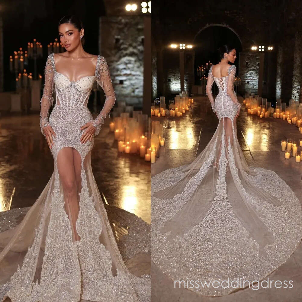 Exquisite Wedding Dresses Sequins Rhinestone Mermaid Bridal Gowns Beading Illusion Long Sleeves Customized Vestidos De Novia Plus Size