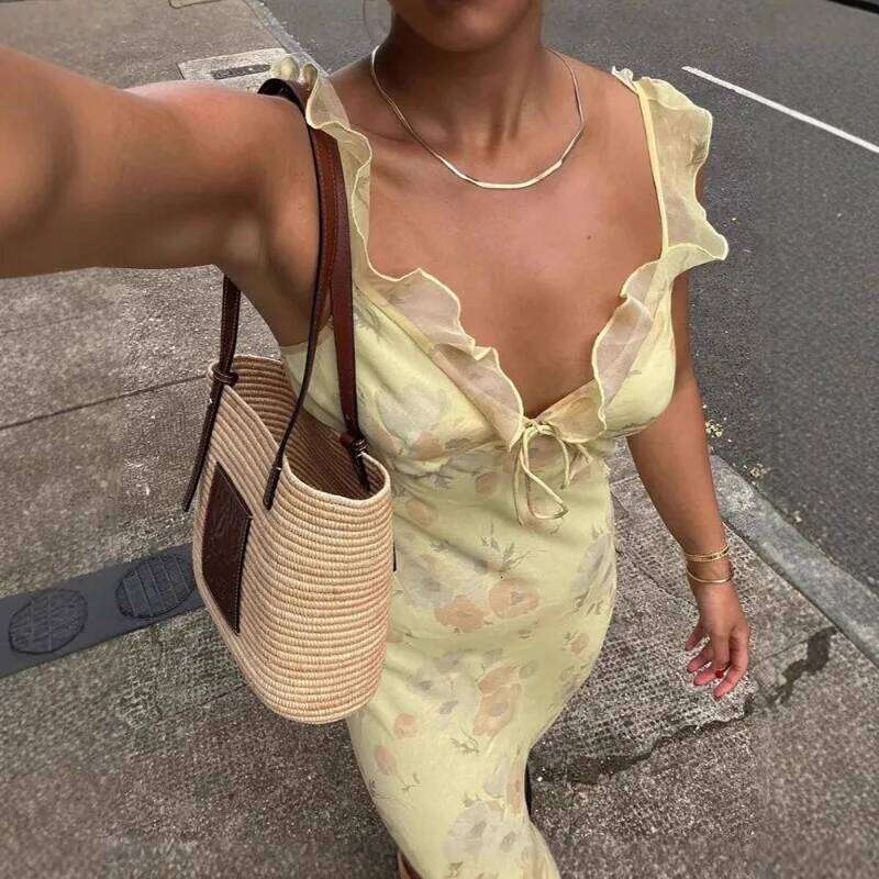 Summer Flower Printed Women's Sexy Low-cut Dress Sleeveless Backless Slim Sling Dresses 2025 Beach Vacation Lady Vestidos C260312