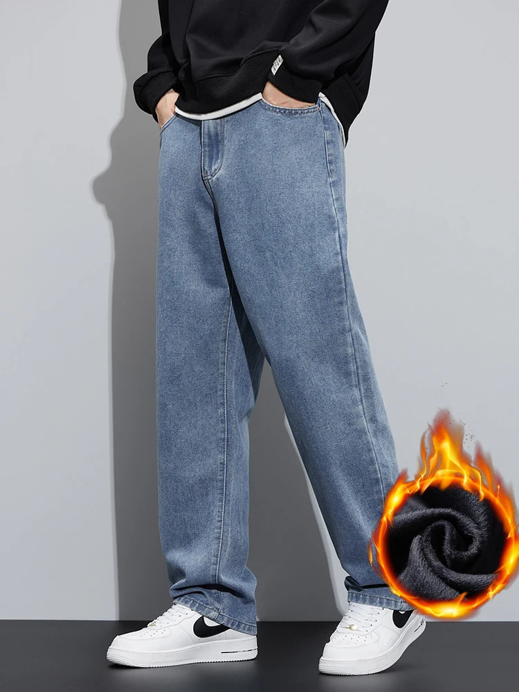 Winter Fleece Jeans Mens Loose Wide Leg Gray Classic Denim Pants Warm Fashion Streetwear Korean Straight Casual Plush Trousers 260228