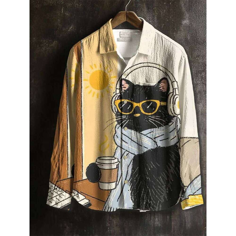 New men's linen casual shirt 3D animal print long sleeved fashionable and comfortable top