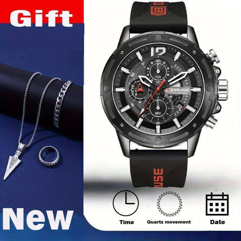 4 PCS SET BORUSE Fashion & 3pcsTriangle Spearhead Necklace Set, Mens Quartz Waterproof Watches