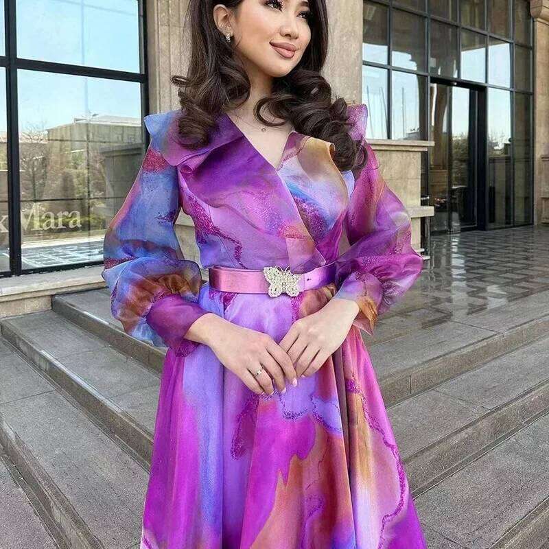 Print Dress Women Long Dresses Full Sleeve Sashes Tight Waist 2024 Autumn Female Temperament Elegant Office Lady Vestidos C260312