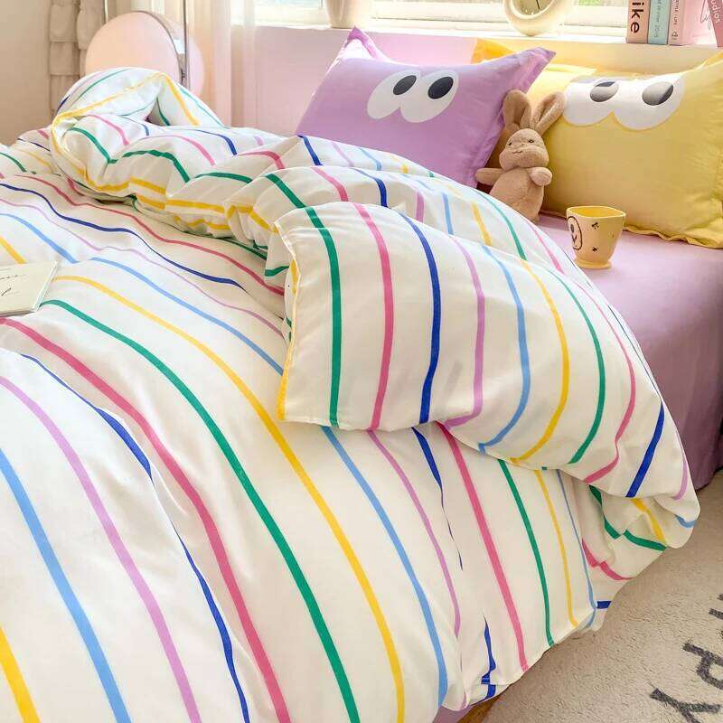 4pcs Simple Color Stripes Duvet Set Cute Green Pink Bedding Big Eye Pattern Pillowcases Comforter Cover with 1 Bed Sheet H260312