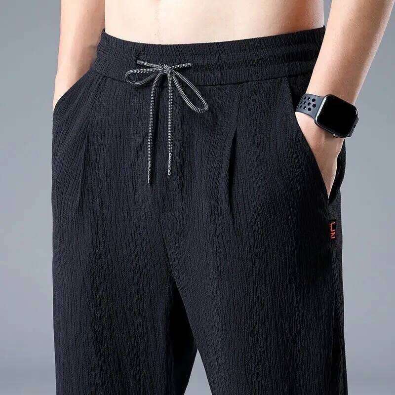 Ice Silk Man Jogger Linen Pants Casual Wide Summer Sweatpants Male Spring Lightweight Halking Harem Trousers