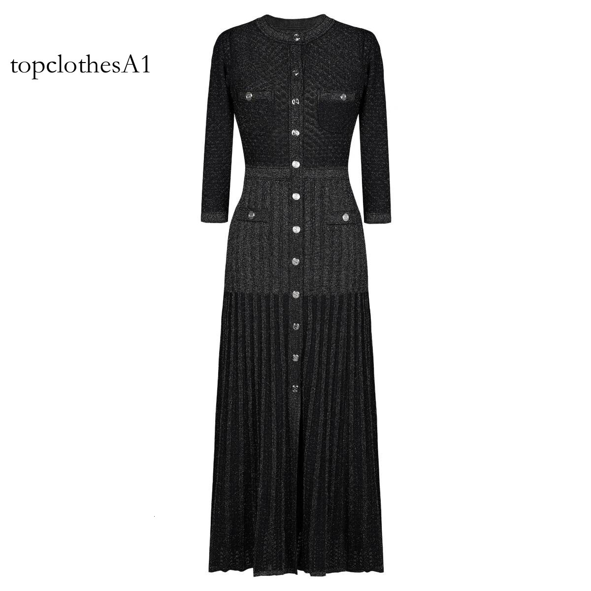 High Quality Fashionable Elastic Bright Silk Knitted Round Neck 7-inch Sleeve Single Row Button Lace Slim Fit Women's Dress