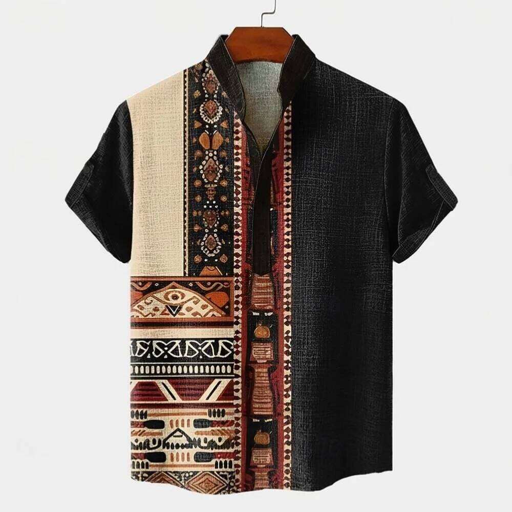 Retro linen men's short sleeved shirt, fashionable trend, loose top, street outdoor, casual and comfortable