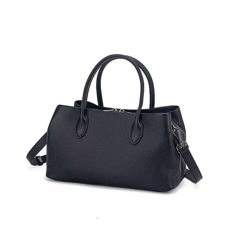 Black Handbag Top Grain Cowhide Leather Soft Multifunctional Women's Fashion Bag With Compartment Organizer