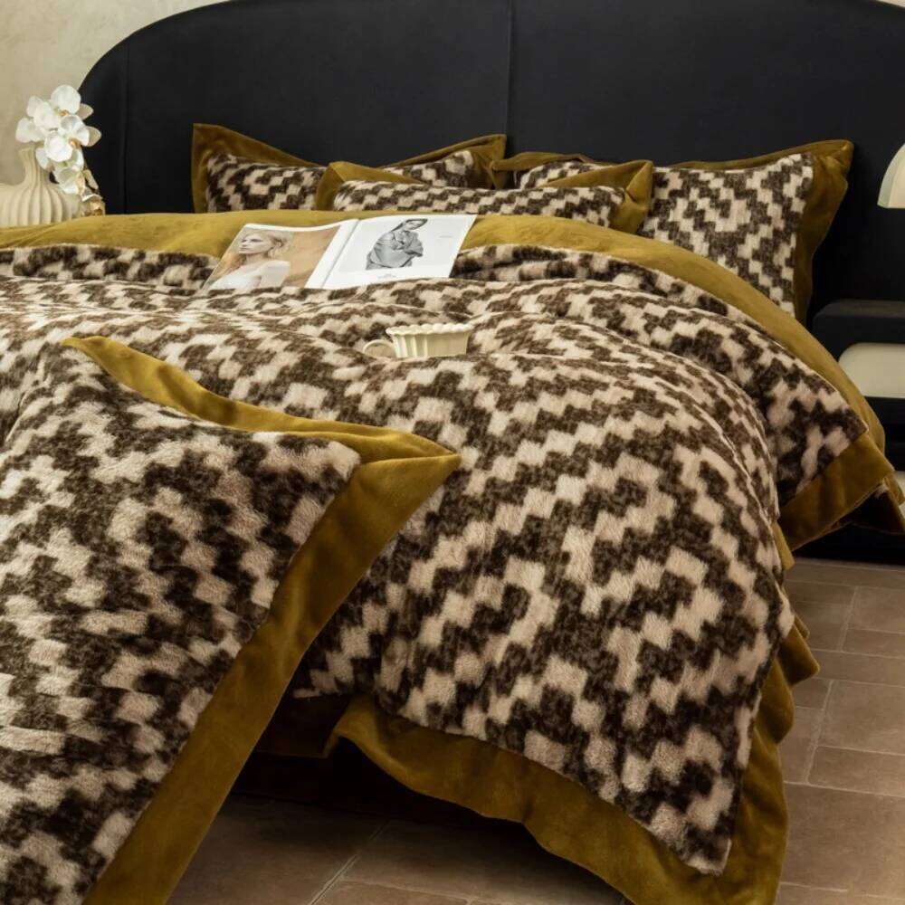 Autumn Winter Warm Coral Fleece Bedding Leopard Print Rabbit Plush Thicken Duvet Cover Bed Sheet Pillowcases Four-Piece Set H260312