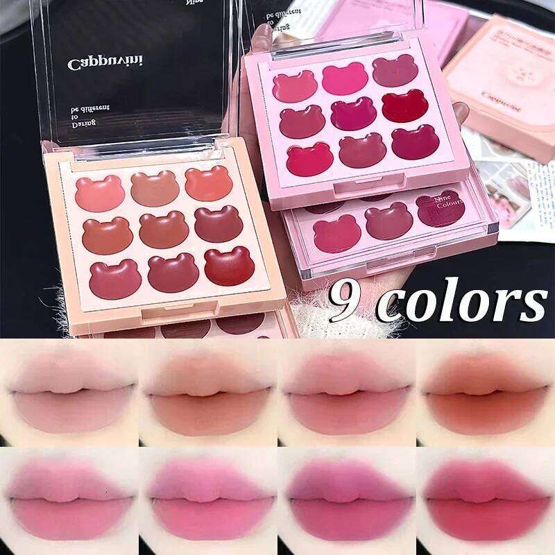 9Color Bear Lipstick Palette Mud Matte Sweet Warm Colors Cheeks Blush Non-stick Cup Lip Gloss Facial Beauty Cosmetic Makeup W260311