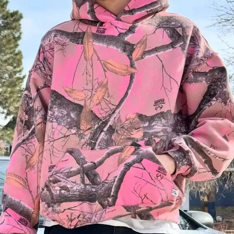 Y2K Retro Zip Up Hoodie Pink Branch Camo Print Pattern Sweatshirt Streetwear Harajuku Trendy Casual Camouflage Unisex Boxy Coat 260311