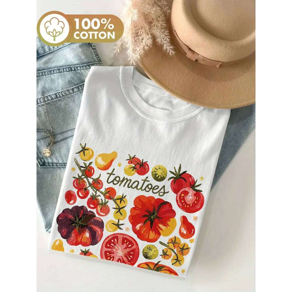 Women's Casual Short Sleeve Crew Neck T-Shirt Vibrant Tomato & Herb Print Tshirt Vintage Cotton Graphic Top Female Clothing Z260312