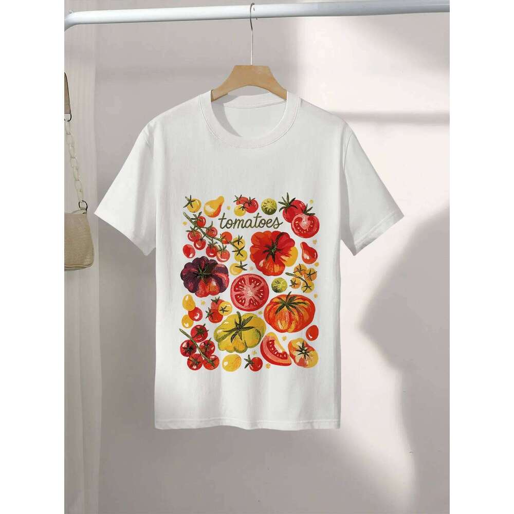 Women's Casual Short Sleeve Crew Neck T-Shirt Vibrant Tomato & Herb Print Tshirt Vintage Cotton Graphic Top Female Clothing Z260312