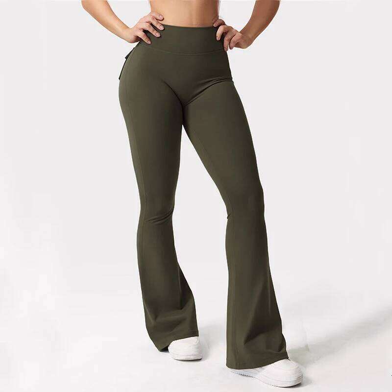 Women's Yoga Flare Trousers, High-Waisted Tummy-Control Wide-Leg Trousers Outdoor Casual Leggings with Pockets, Gym Workout Trou 26H0311