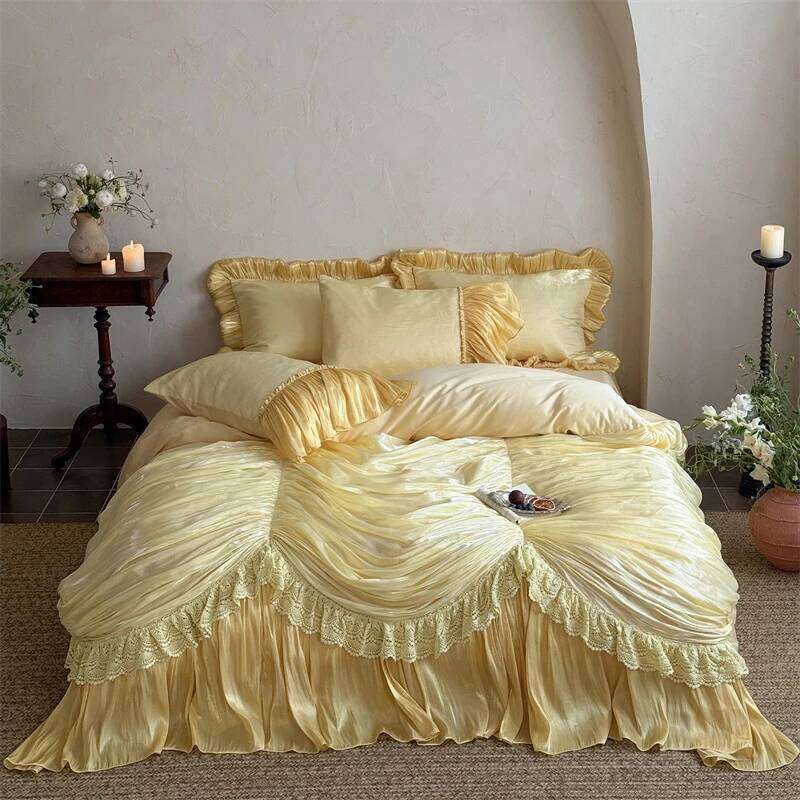 1000TC Egyptian Cotton Vintage French Palace Style Pleated Lace Ruffles Bedding Set Duvet Cover Bed Skirt Pillowcases 4Pcs H260312