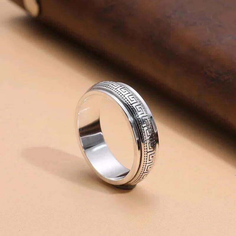 Real S999 Sterling Silver Vintafe Great Wall Pattern Double Layer Rotatable Closed Rings For Man Woman Lucky Jewelry Gift H260312