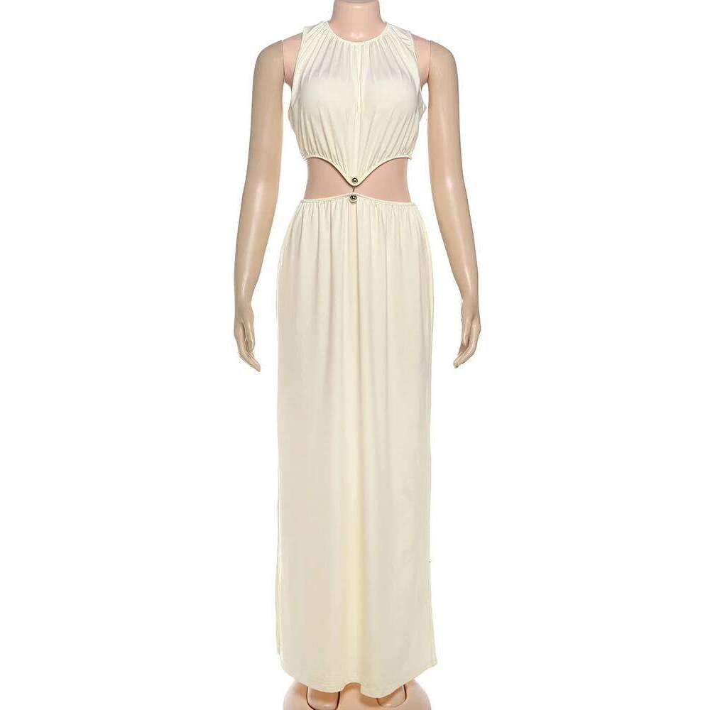 Nibber Sleeveless Waistless Maxi Dress Women o-Neck Metal Trim Skinny Elegant Summer Chic Hipster Prom Party Vacation Vestidos C260312