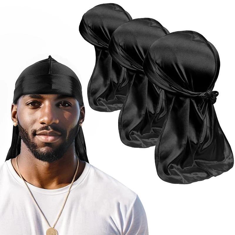 3PCS/LOT Mens Silky Durag Shower Cap Bandana Satin Du Rag Doo Rag Outdoor Travel Street Long Tail Wave Cap Bathroom Accessories 260304