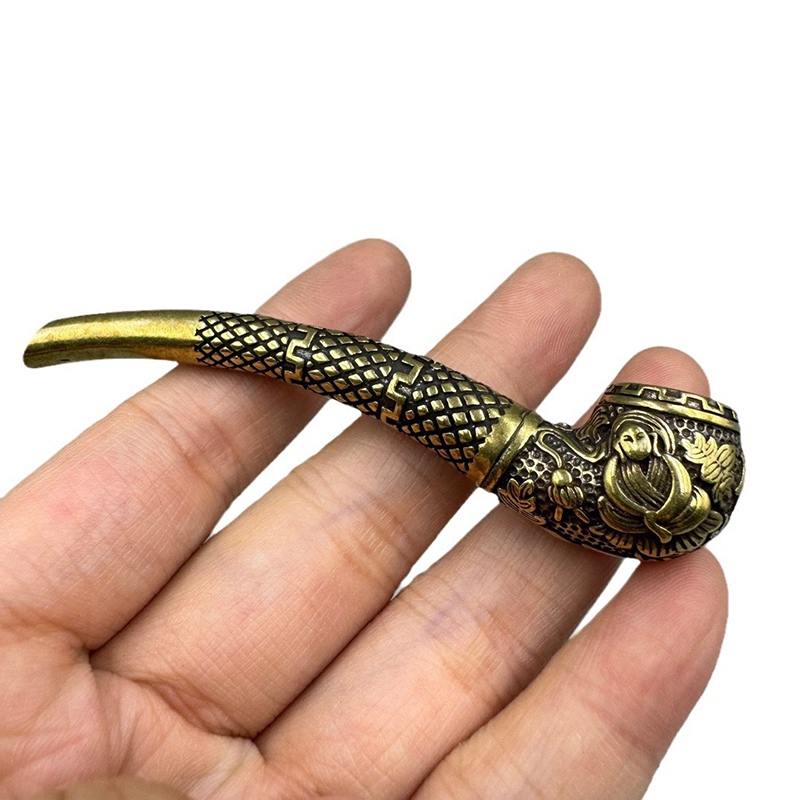 Retro Pure Copper Pipe Miniatures Antique Chinese Carved Brass Smoking Gun Pipe Tobacco Home Office Desk Decor Crafts Ornaments