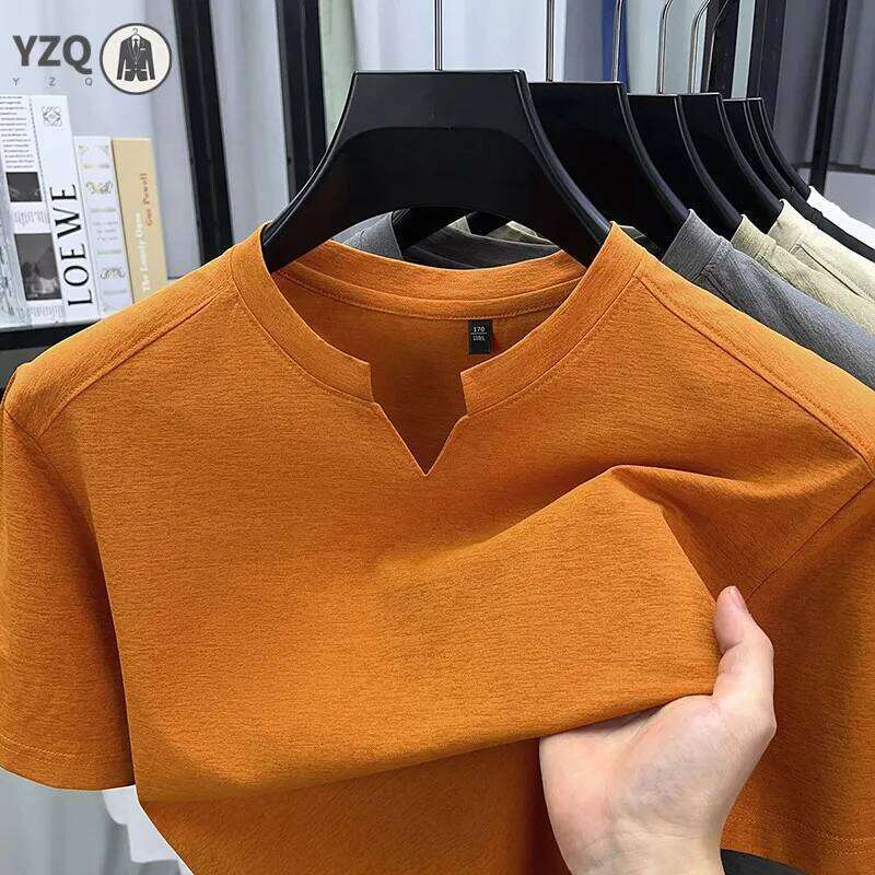 Korean Men's Short Sleeve V-Neck T-Shirt Color Casual Fashion Comfortable Summer Versatile Solid Top