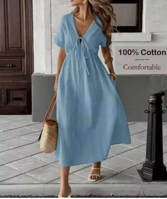 Vintage Solid Midi Summer Fashion V-neck Short Sleeve Cotton Dress Ladies Casual Holiday Vestidos Women Clothing C260312