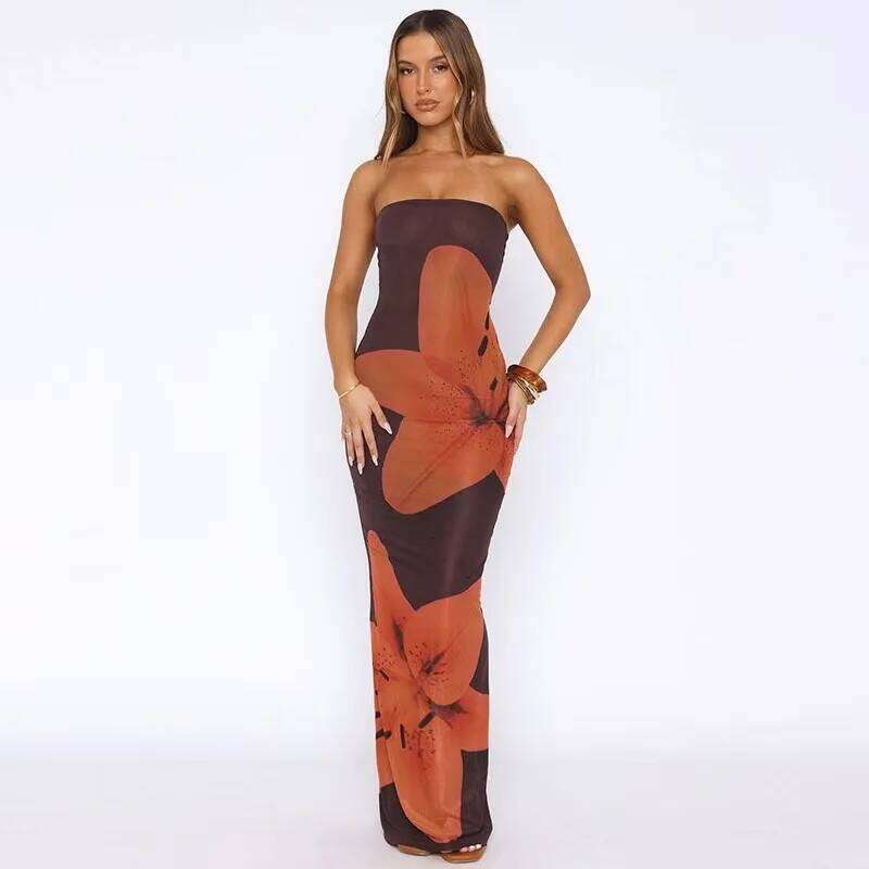 Women's Floral Print Backless Strapless Summer Party Holiday Vacation Beach Streetwear Fashion Sleeveless Long Dress C260312