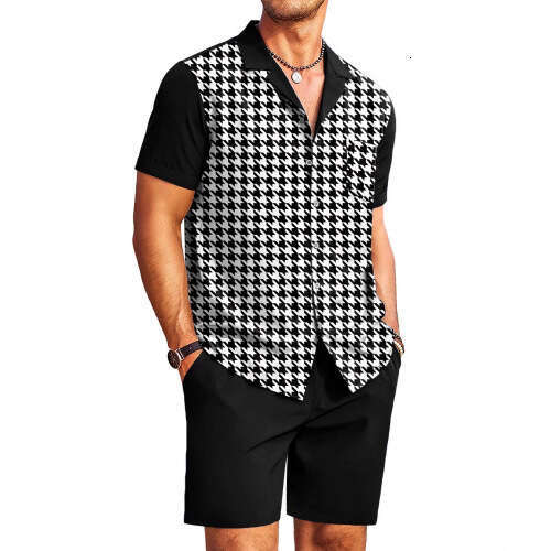 Men's summer Cuban collar short-sleeved with special symbol line print men's shirt comfortable, breathable and versatile