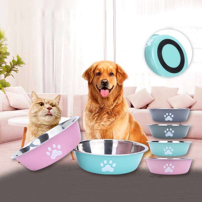 New hot stainless steel basin paw print supplies cat dog silicone anti-slip design pet drinking water feeding bowl 26Y0312