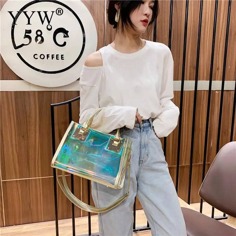 Holographic Transparent Jelly High Quality PVC Women'S Designer Handbag Big Capacity Chain Shoulder Messenger Bags Clear Bag