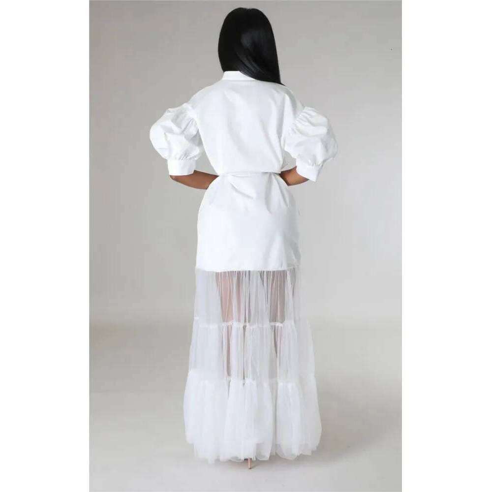 Fashionable White Short Sleeve Dresses For Women'S Summer New Elegant Lace-up Pocket Lace Shirt Long Dress Female C260311