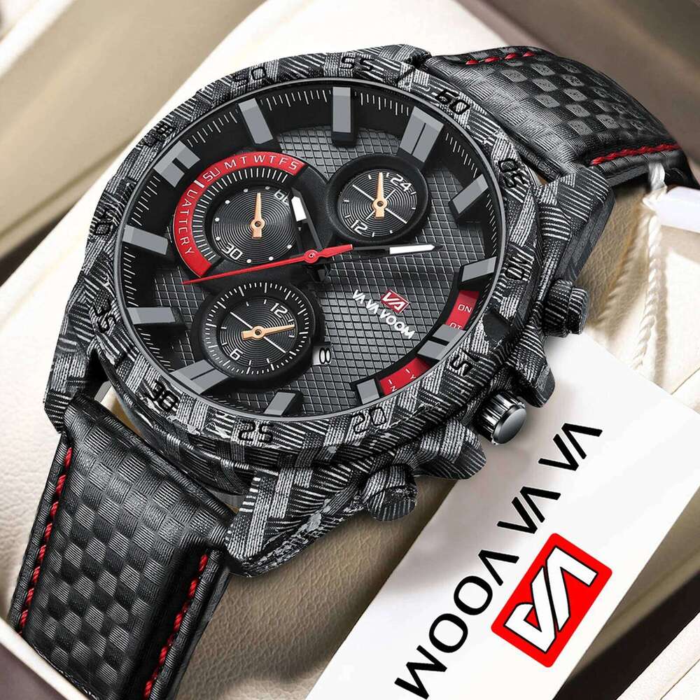 Leather With Fashionable Carbon Fiber Shell 46mm Large Dial Sports Clock Quartz Movement Military Style Watch for Men